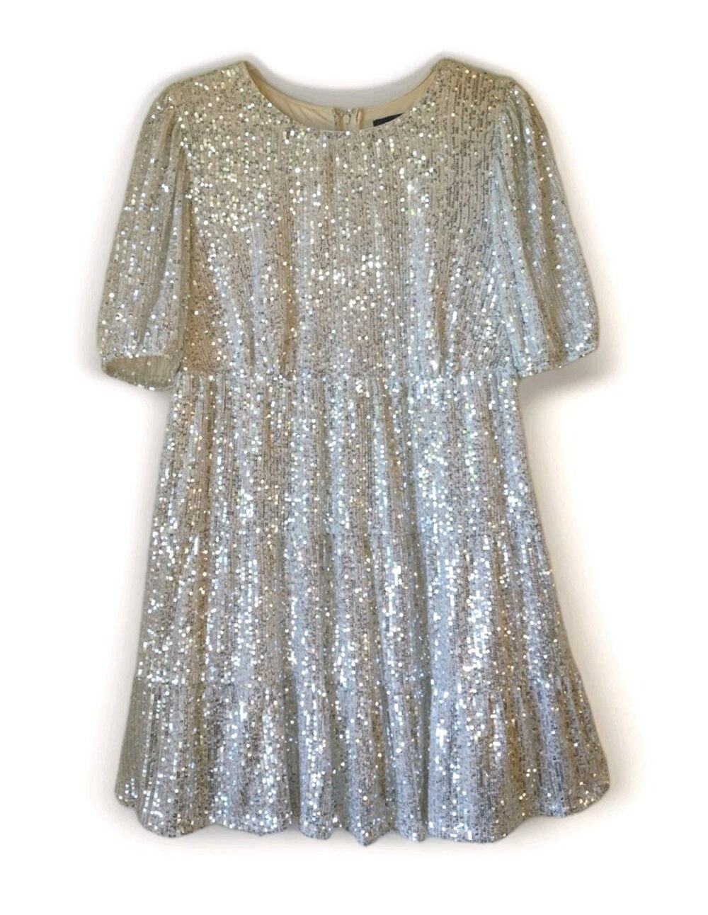 Speechless Silver Sequin Mini Dress M Puff Sleeve Party NYE Glam Sparkle Formal